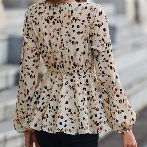 Apricot Casual Women's Allover Print Lantern Sleeve Belted Peplum Blouse - Picture 2 of 6